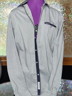 Men's Light Gray Dress Shirt with Navy Trim